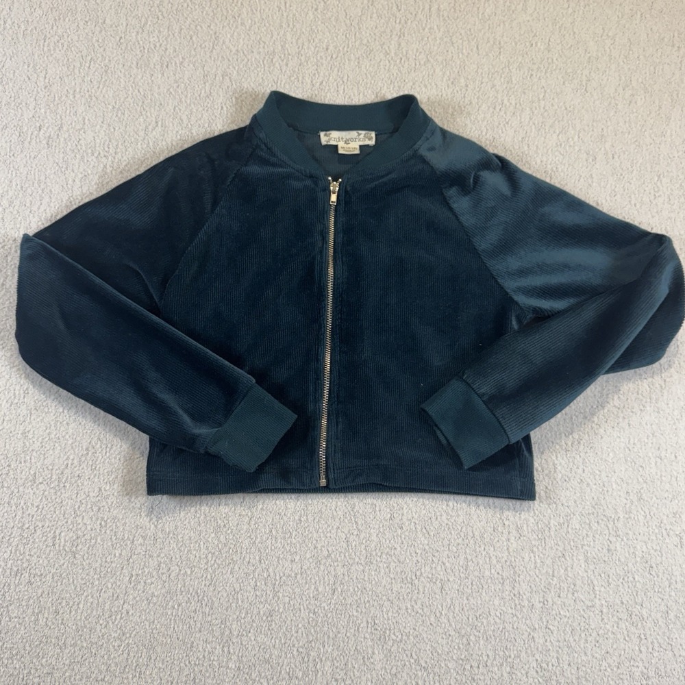 KNITWORKS Girls M (10-12) Green Cropped Bolero Corduroy Jacket Full Zip